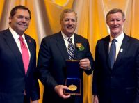 The UT System Board of Regents presented The Sealy & Smith Foundation with the Santa Rita Award Wednesday night. From left: Regents Chairman Paul Foster, Sealy & Smith Board President John Kelso and Chancellor William McRaven.