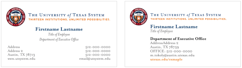 Two business card layout options for the UT System business card template