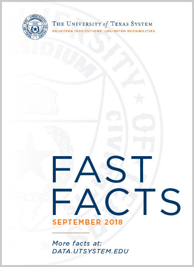 Cover for Fast Facts September 2019.  Start white cover with UT System logo in the top right, faded seal as a background element and title and date at the bottom.