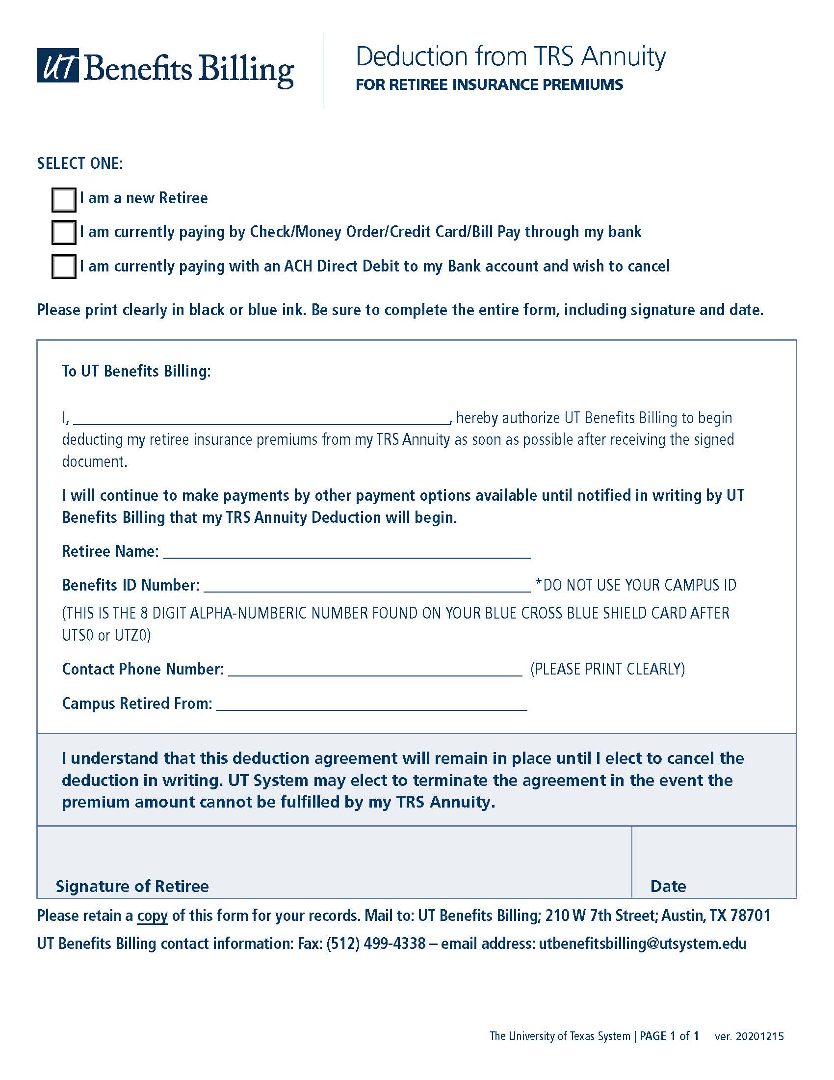 TRS Annuity Deduction form