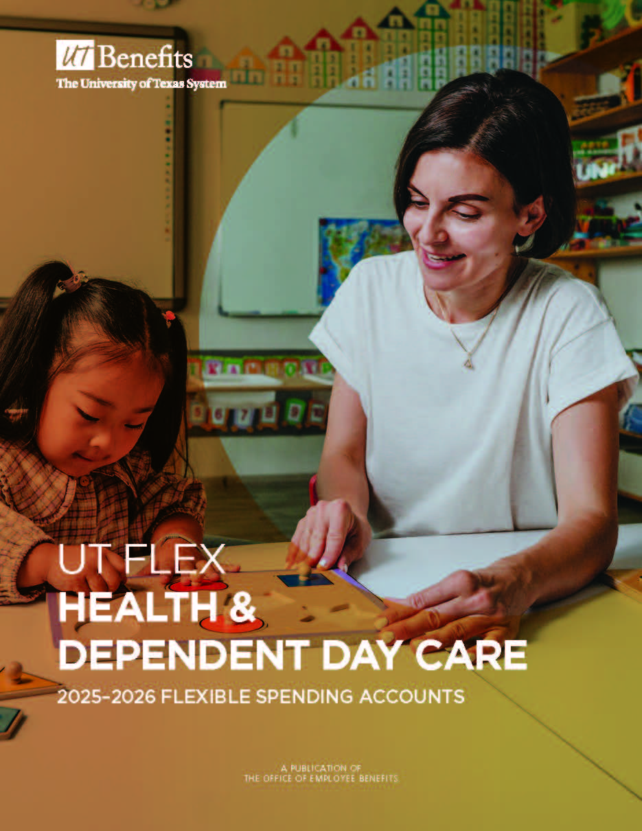 UT FLEX Health and Dependent Day Care guide cover with teacher and a child