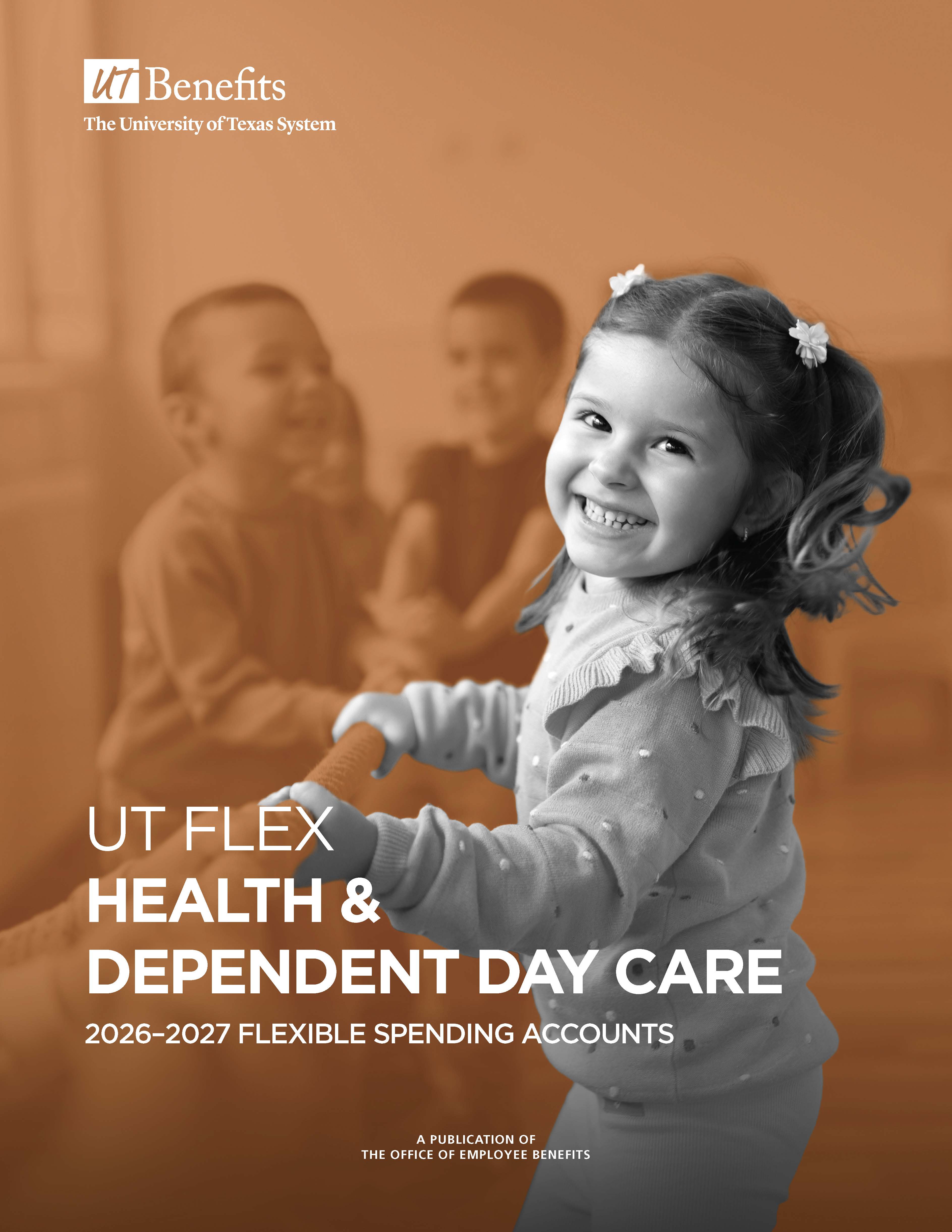 UT FLEX Health and Dependent Day Care plan guide cover with teacher and a child