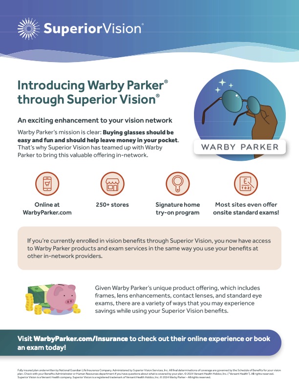 Flyer about Warby Parker through MetLife Vision plan