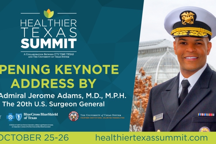 Promotional image for the Healthier Texas Summit featuring Admiral Jerome Adams, M.D.