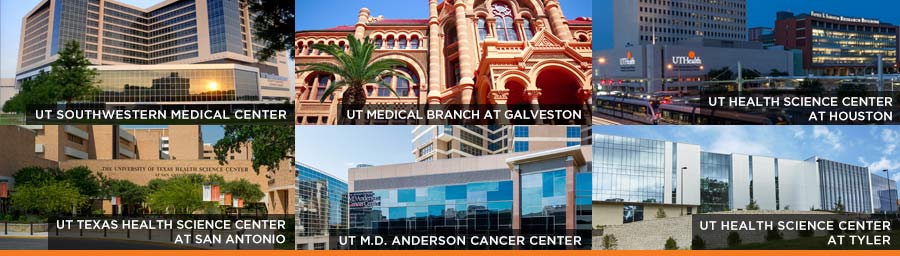 Collage of the 6 health universities of the UT System, text on the image lists the names of the universities: UT Southwestern, UT Medical Branch at Galveston, UT Health Science Center at Houston, UT Health Science Center at San Antonio, UT M.D. Anderson Cancer Center, UT Health Science Center at Tyler.