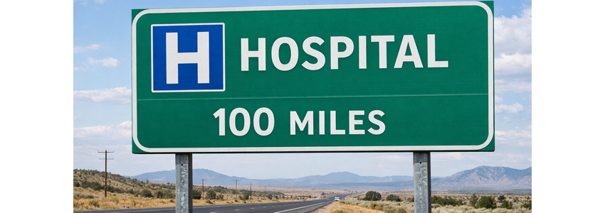Road sign showing a hospital is 100 miles away