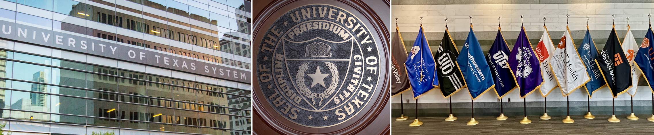 Collage of three UT System photos, the exterior of the building, the seal, and the collection of institution flags.