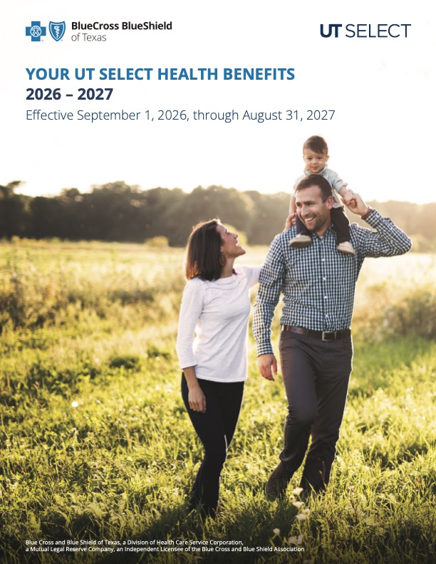 UT SELECT Benefits Plan Guide cover with a family of three walking through a field