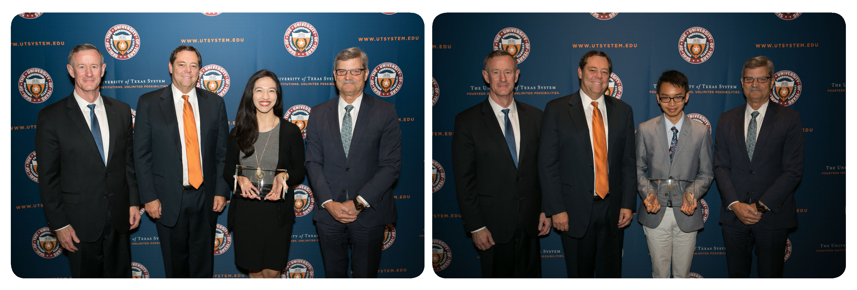 2017 Regents' Outstanding Student Awards in Creative Writing. Photo 1 (L-R): Chancellor William H. McRaven; Chairman Paul L. Foster; Ms. Nooshin Ghanbari, Poetry Finalist; Dr. Steven Leslie, Executive Vice Chancellor for Academic Affairs. Photo 2 (L-R): Chancellor William H. McRaven; Chairman Paul L. Foster; Frederick Tran, Short Fiction Finalist; Dr. Steven Leslie, Executive Vice Chancellor for Academic Affairs