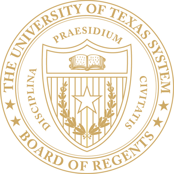 Board of Regents seal, gold lining and lettering with text: The University of Texas System - Board of Regents. The seal contains the book and fire of knowledge symbols in the middle with the text in circle outlineing the edge.