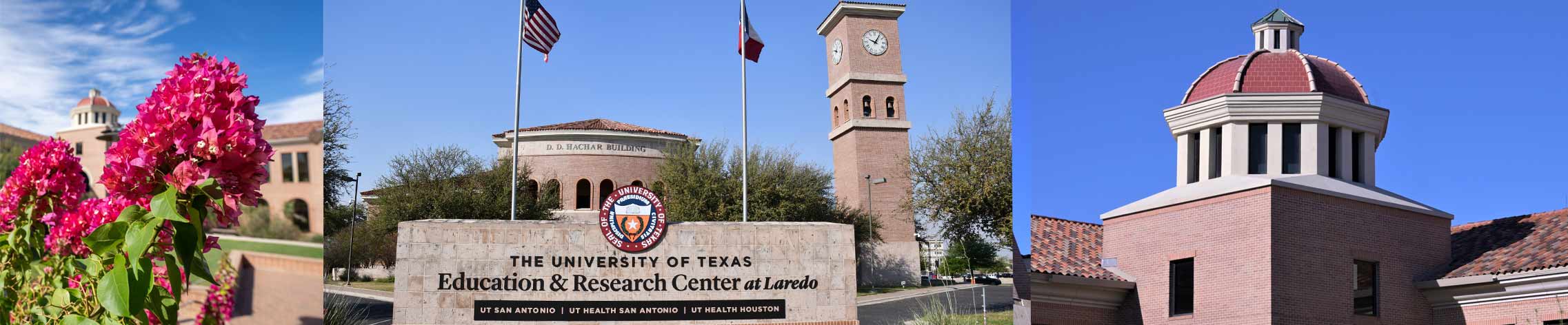 A collage of three photos showcasing the exterior of the Center, highlighting the clock tower, front façade and additional tower cap.