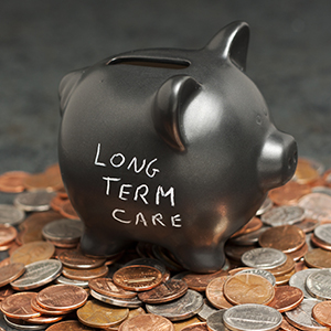 A piggy bank with the text: 'Long term care' written on the side, and the standing on a pile of pennies, nickels and dimes. 
