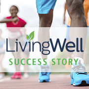 text on image: Living Well, displayed over a feet in running shoes on a track