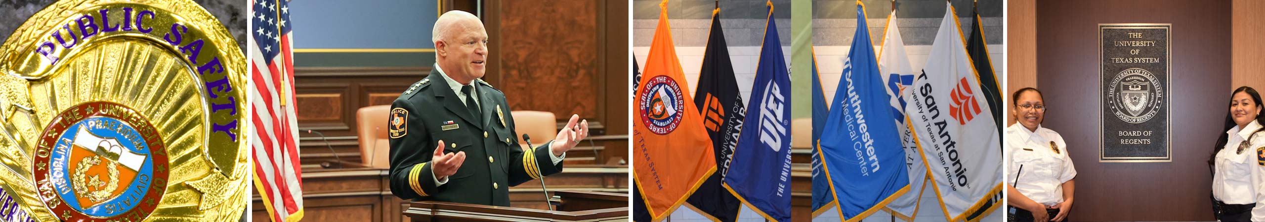 Collage of Police Department photos with officers, flags and Executive Director.