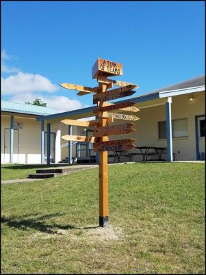 Tall sign post with locations set as directional arrows pointing