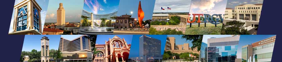 14 Institution header for COVID-19 Response A collage of the 14 UT institutions arranged 7 in a top and bottom row. All images are exterior photos of the campuses on a dark blue background.