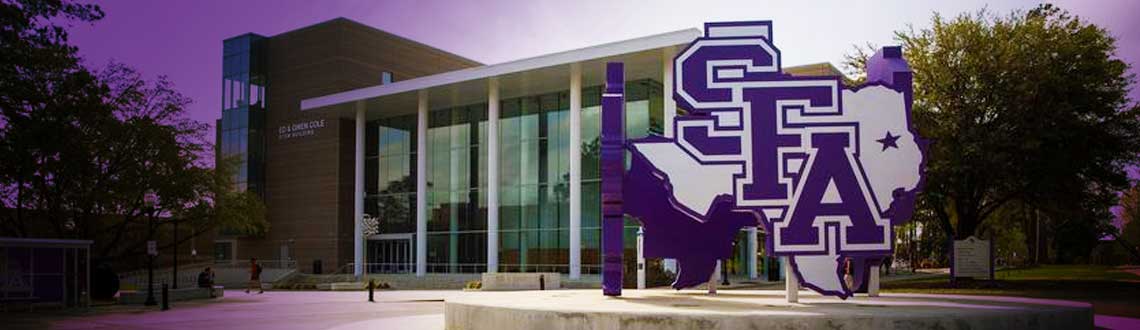 Exterior facade of the Commons Center with SFA signage in front