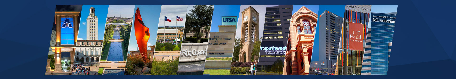 A collage of 13 photos showcasing the exterior of the institutions of The Univerity of Texas System.