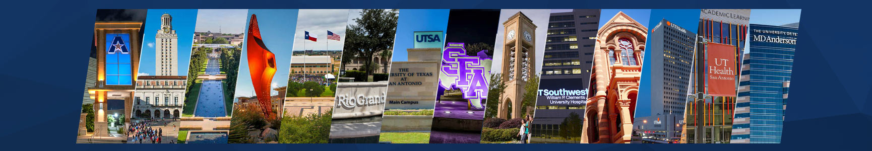 A collage of 13 photos showcasing the exterior of the institutions of The Univerity of Texas System.