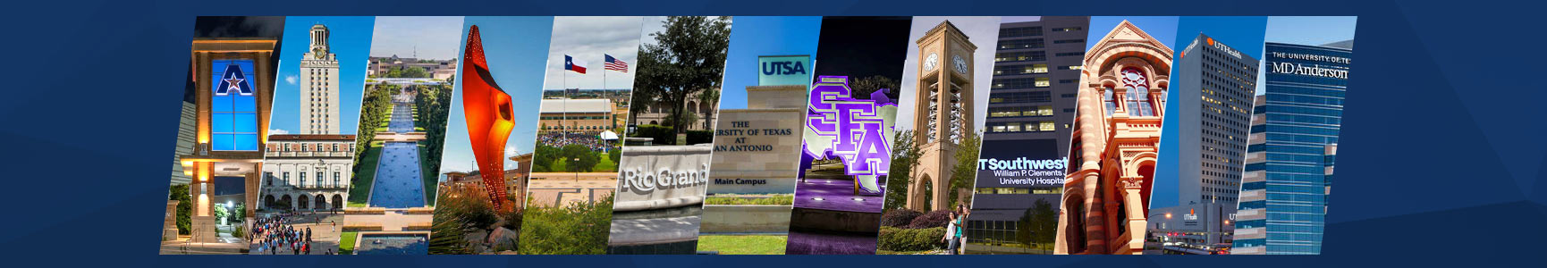 A collage of 13 photos showcasing the exterior of the institutions of The Univerity of Texas System.