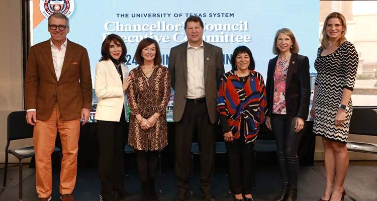 Chancellor Milliken and Chair Addison welcome new members, from left: Nancy Seliger, Sean Jez, Alba Ortiz, Lois Folger and April Ancira at the El Paso Museum of Art on Feb. 9.