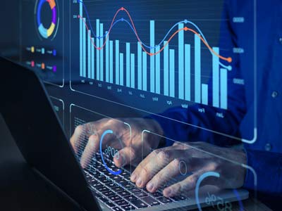 Close up of a virtual computer screen showing charts and bar graphs