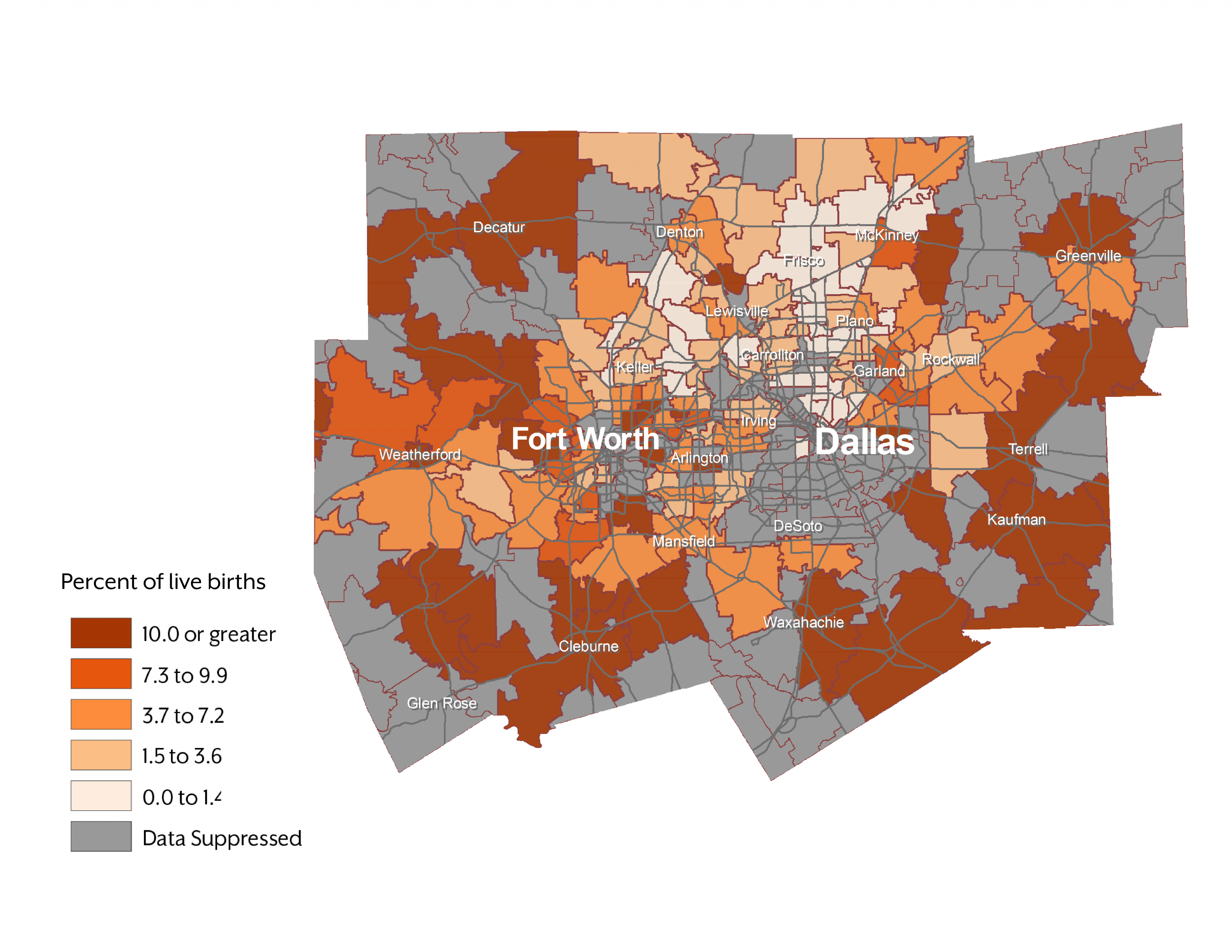 Figure 2. Percent of Live Births to White Mothers Who Smoked During Pregnancy: Dallas/Fort Worth Metropolitan Area, Texas (2015)