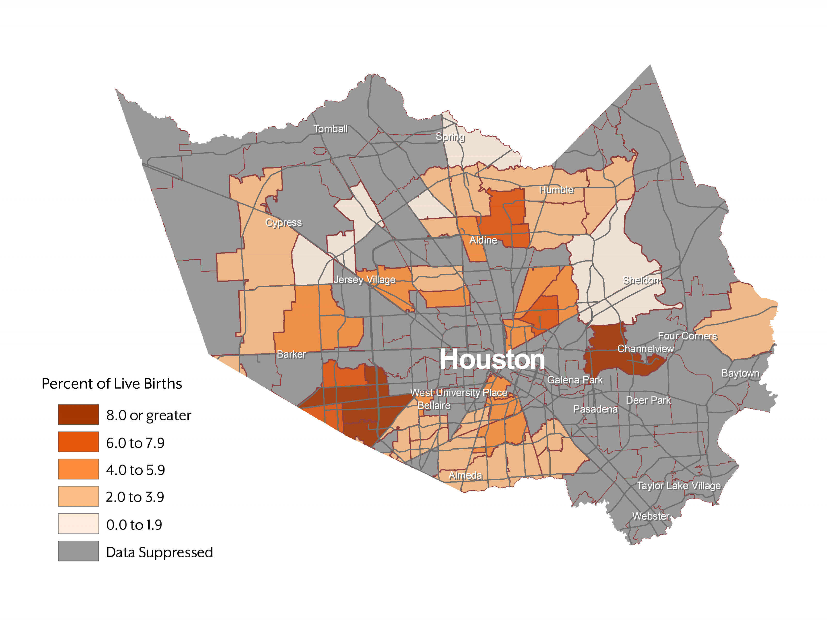 Figure 3. Percent of Live Births to Black Mothers With No Reported Prenatal Care: Harris County, Texas (2015)