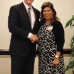 Chancellor William McRaven congratulates Lydia Navarro on her 35 years of service to the University of Texas System at the annual Employee Awards Ceremony held February 10, 2017