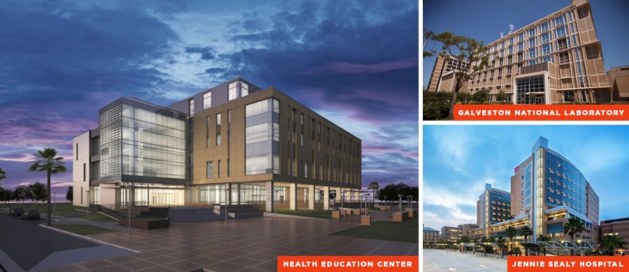 Three UTMB's buildings: Health Education Center, Galveston National Laboratory, Jennie Sealy Hospital