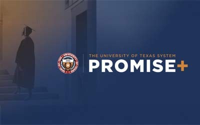 Text on image: Promise+. with an faded image of a graduate student walking up steps