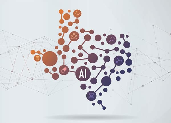 Stylized illustration of Texas using circles and node connectors with the text: AI in the main circle