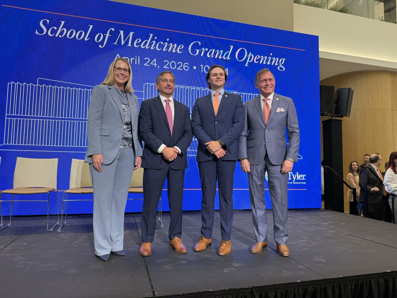 Left to right: UT Tyler President Julie Philley, UT System Board of Regents Chairman Kevin Eltife, Student Regent Luke Schwartz, UT System Chancellor John Zerwas