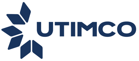 Logo featuring a flared star design in dark blue, with text: UTIMCO