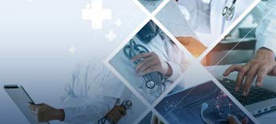 Collage of images working in the medical field and research