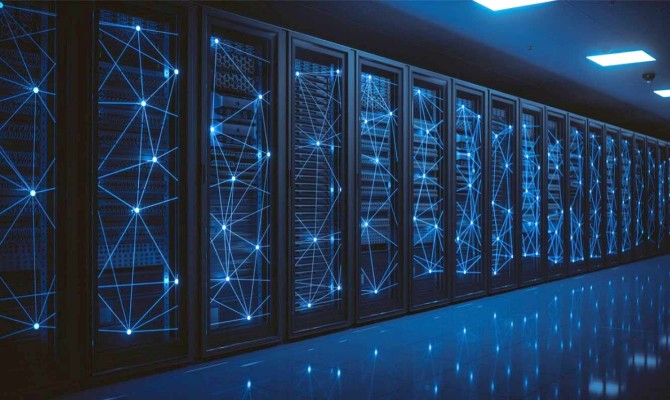 Data center computers in a blue light