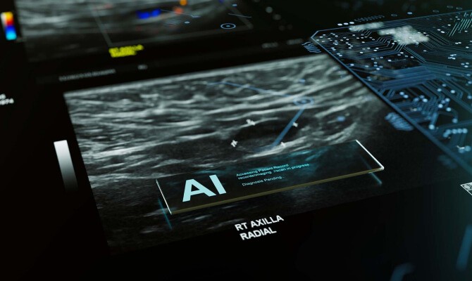 Imaginary AI-enhanced user interface rendered on top of mammography imaging.