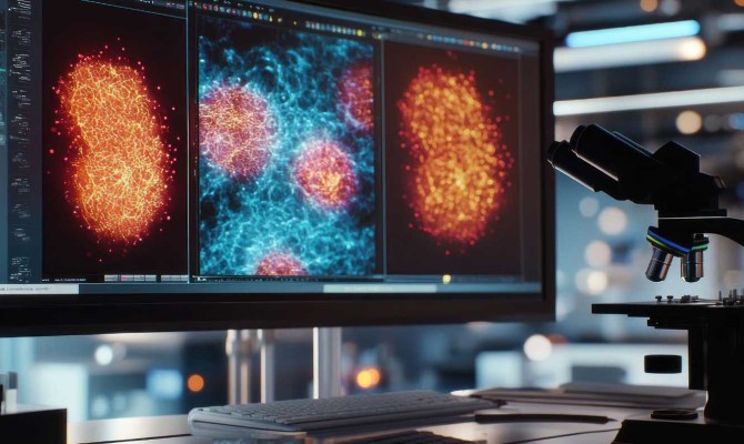 Lab setting with antibodies on a computer screen