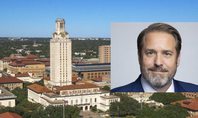 Profile photo of Jim Davis, overlayed on a photo of the UT Austin town from the air