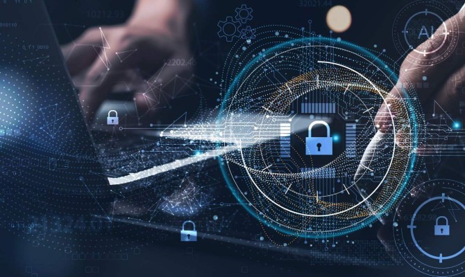 Image composition of cybersecurity icons overlayed on hands typing on a computer