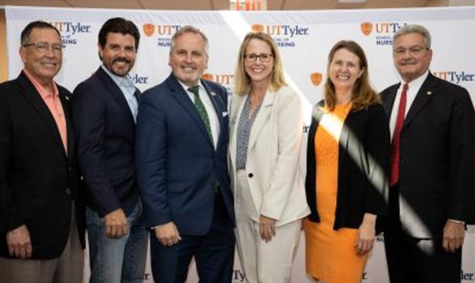 Elected officials celebrate the opening of the UT Tyler Longview University Center Expansion with UT Tyler President Julie Philley. (L to R) Rep. Jay Dean, Rep. Cole Hefner, Sen. Bryan Hughes, Philley, Mayor Kristen Ishihara and Judge Bill Stoudt.