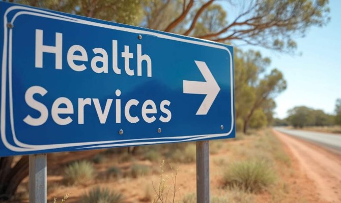 Road sign with text: Health Services and arrow pointing along the road
