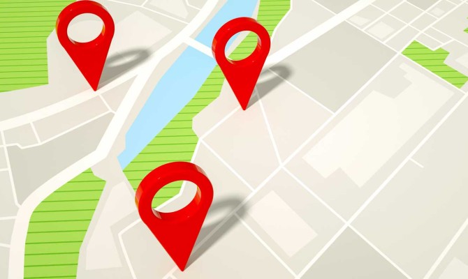 Illustrative rendering of a map close, and 3 location pins around a river
