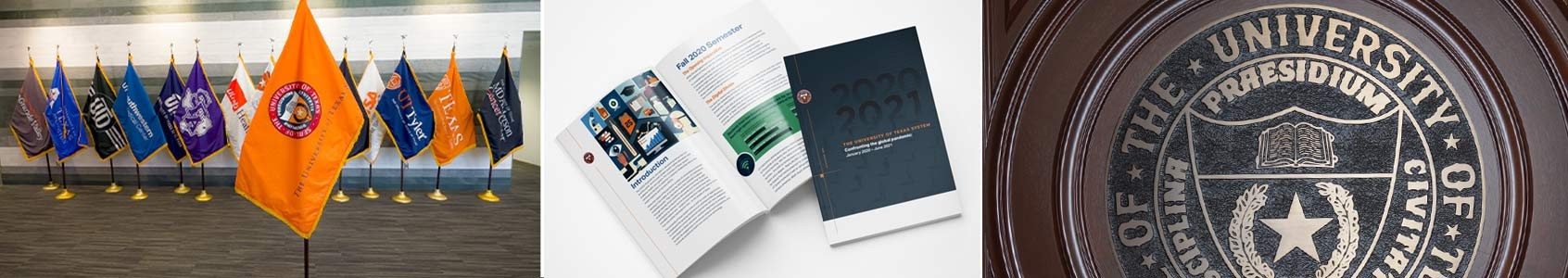 Three images, side by side showcasing branding implementation on a flag, printed materials, and the seal engraved in the board room