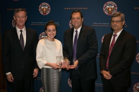 Haley Parsa with Chancellor Bill McRaven, Board of Regents Chairman Paul Foster and Executive Vice Chancellor for Academic Affairs Steve Leslie.
