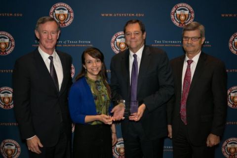 Heather Mawson with Chancellor Bill McRaven, Board of Regents Chairman Paul Foster and Executive Vice Chancellor for Academic Affairs Steve Leslie.