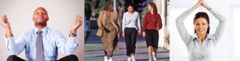 Collage of three images, a man meditating, three women walking, and a woman stretching