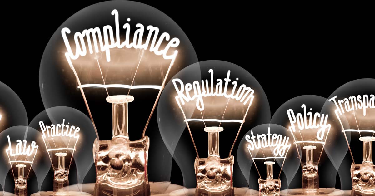 composite image of lightbulbs with clear glass covers, the filament of the light bulbs are made of words like: Compliance, Regulation, Policy...