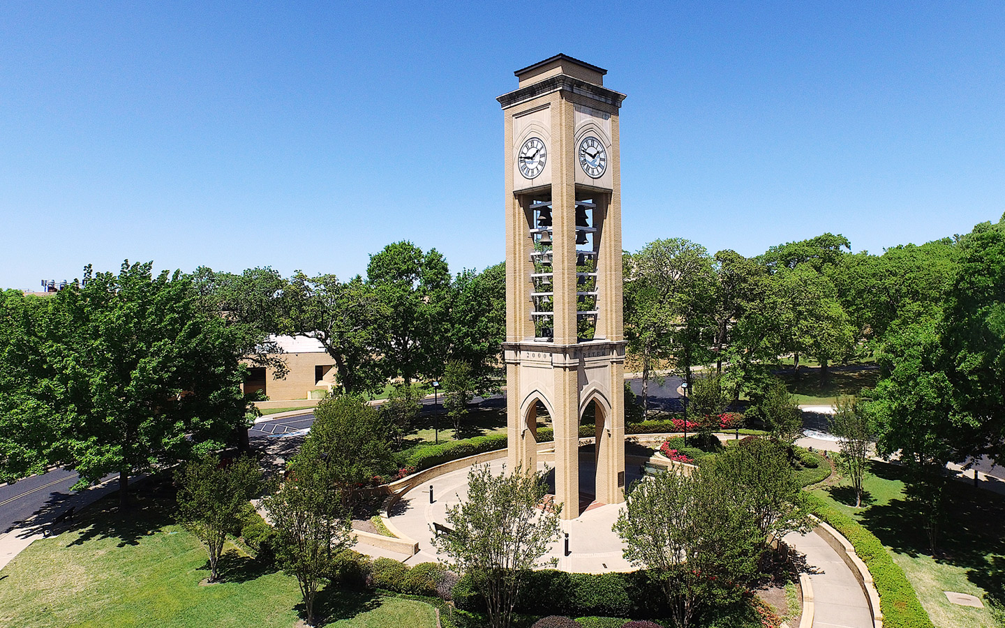 UT Tyler bell tower on a bright day